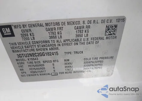 2016 GMC Sierra 1500 Slt from USA, damaged, VIN 3GTU2NEC2GG182415